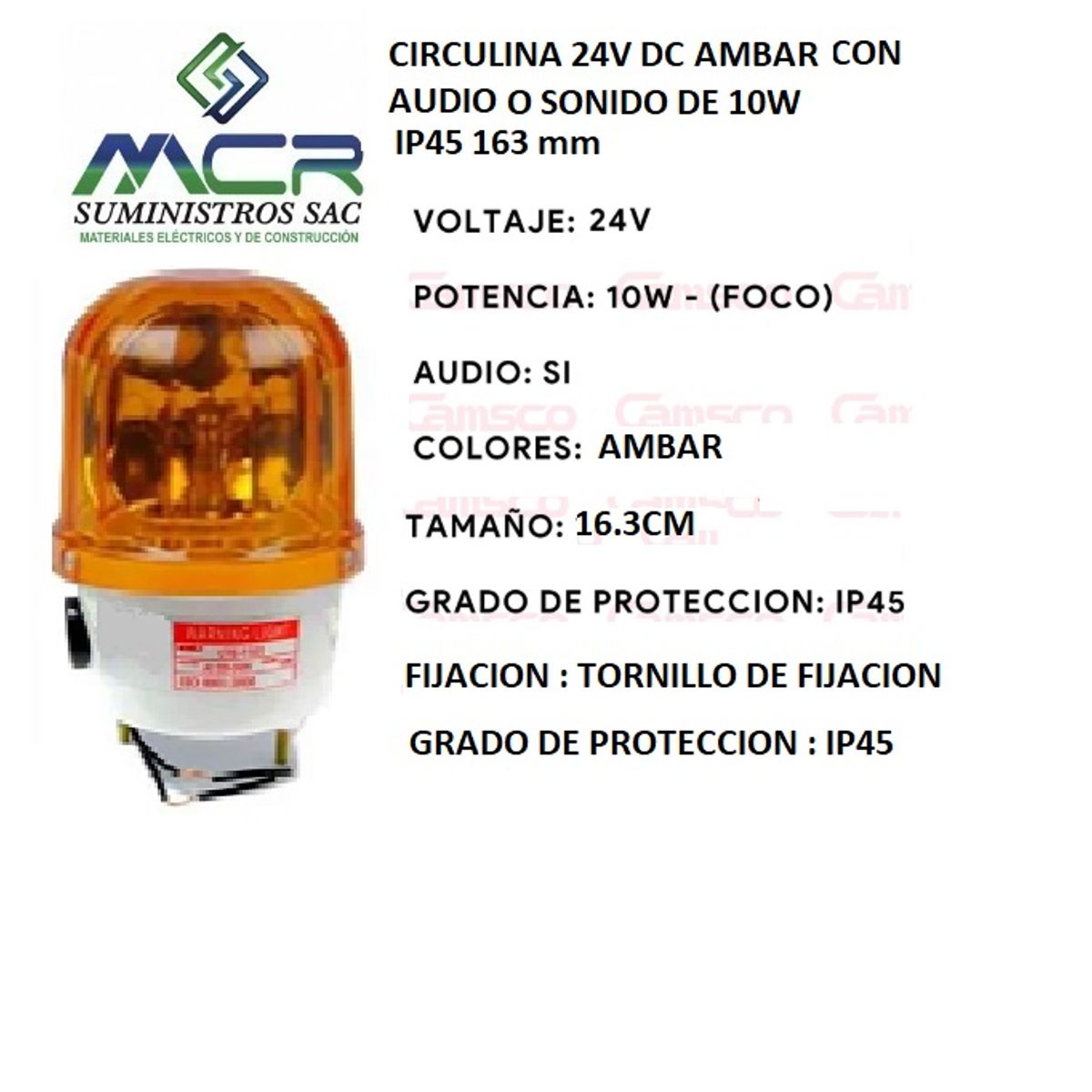 GENERICO - CIRCULINA 24V DC AMBAR CON AUDIO O SONIDO 10W IP45 ALTO 16.3 cm