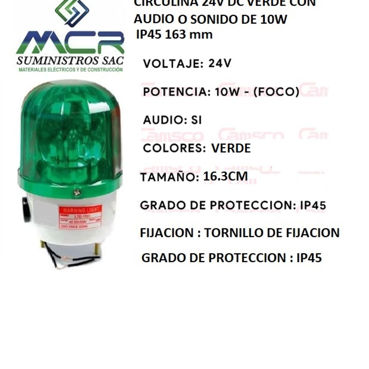 GENERICO - CIRCULINA 24V DC VERDE CON AUDIO O SONIDO 10W IP45 ALTO 16.3 cm