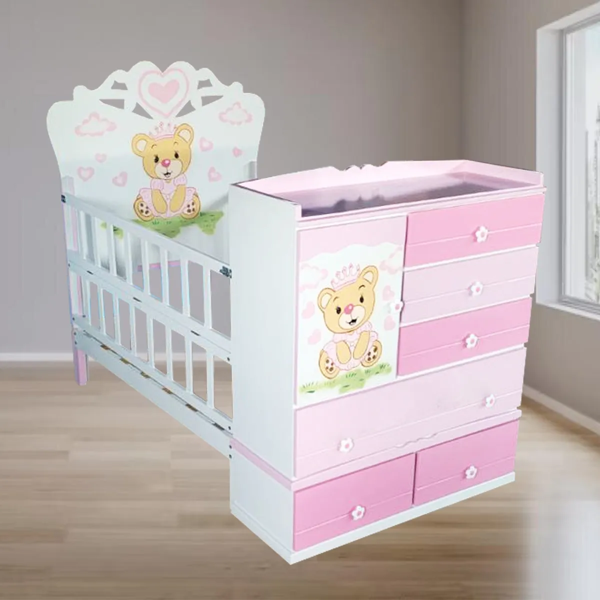 GENERICO - cama cuna de plaza y media con comoda desmontable rosado