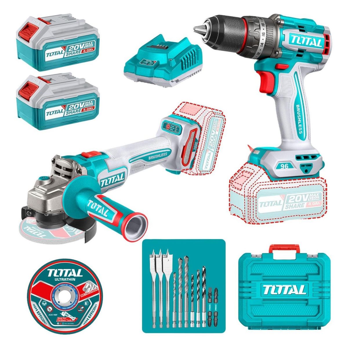 TOTAL TOOLS - Combo Taladro 96nm y Amoladora 20v Brushless Industrial Total