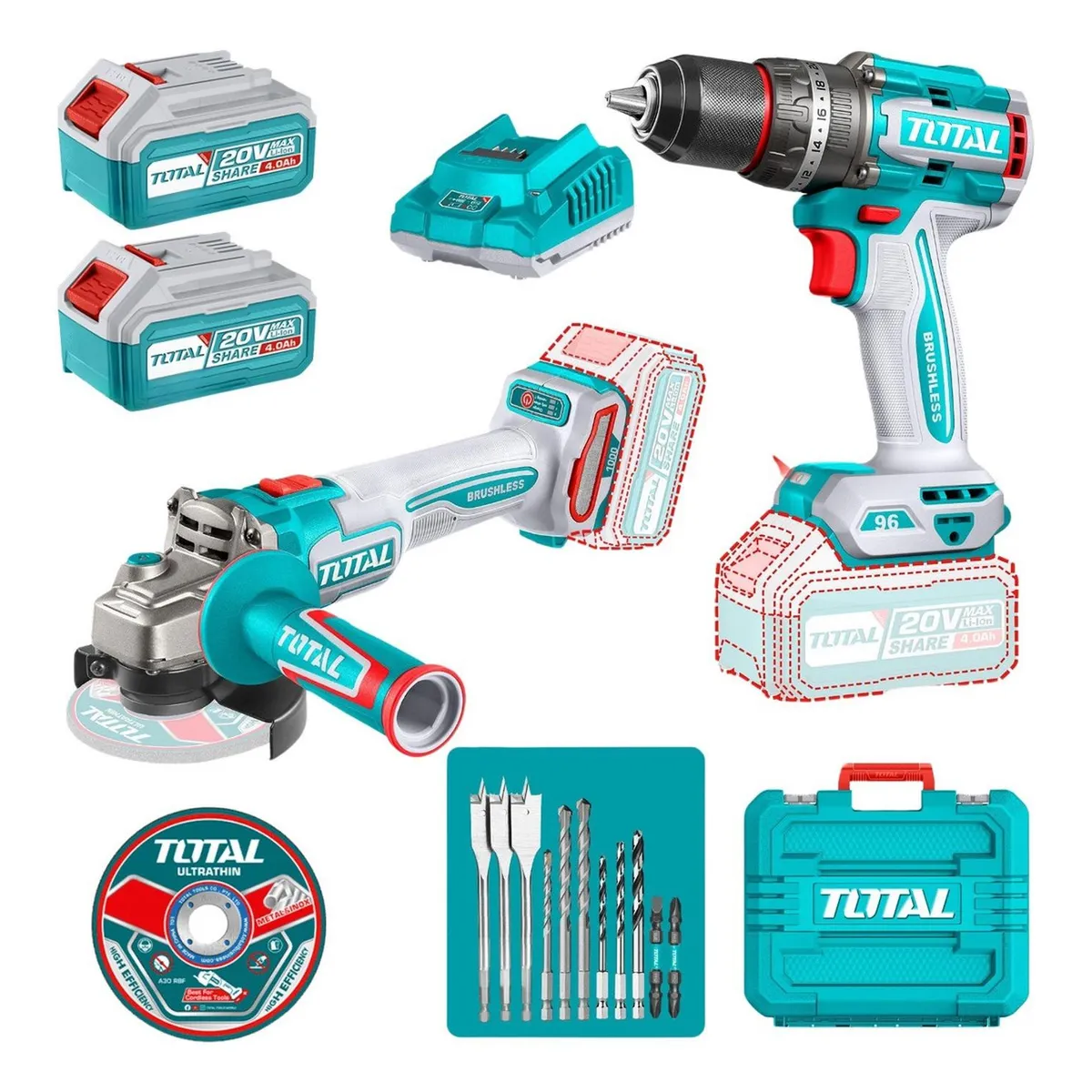 TOTAL TOOLS - Combo Taladro 96nm y Amoladora 20v Brushless Industrial Total