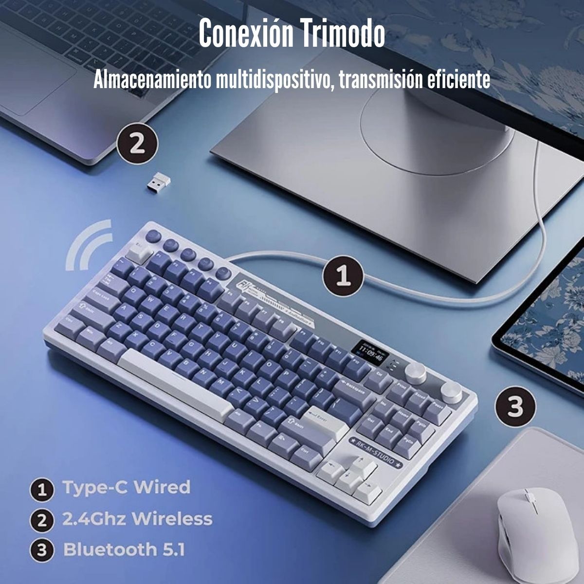 ROYAL KLUDGE - Royal Kludge - Teclado M87 Wireless TKL Ocean Blue Switch Cream