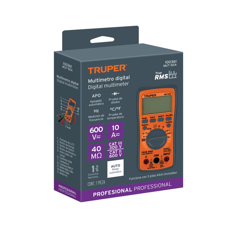 TRUPER - Multímetro Profesional True Rms Y Auto Rango Truper Mut-50a - 100361