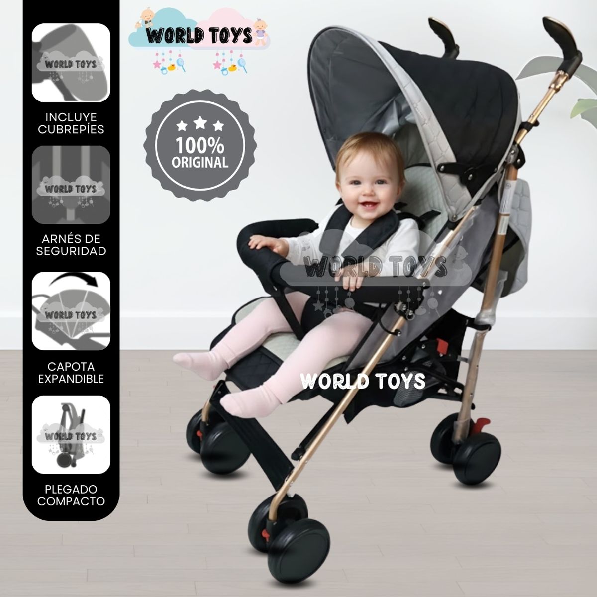 BABY - Coche Bastón con Manillar Giratorio «ISABEL GOLD» Black