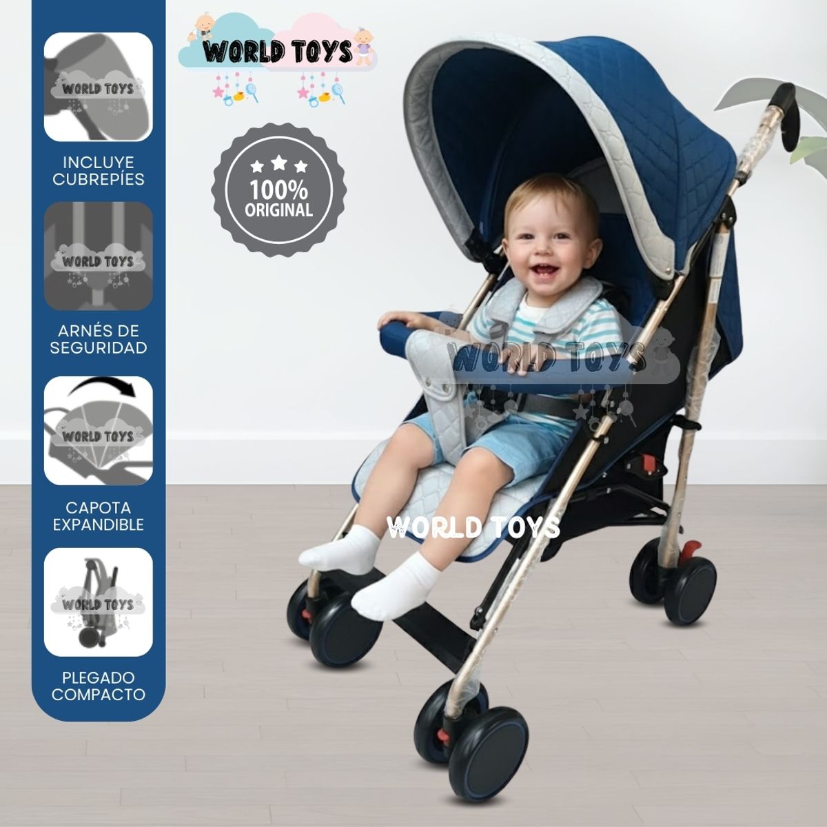 BABY - Coche Bastón con Manillar Giratorio «ISABEL GOLD» Blue