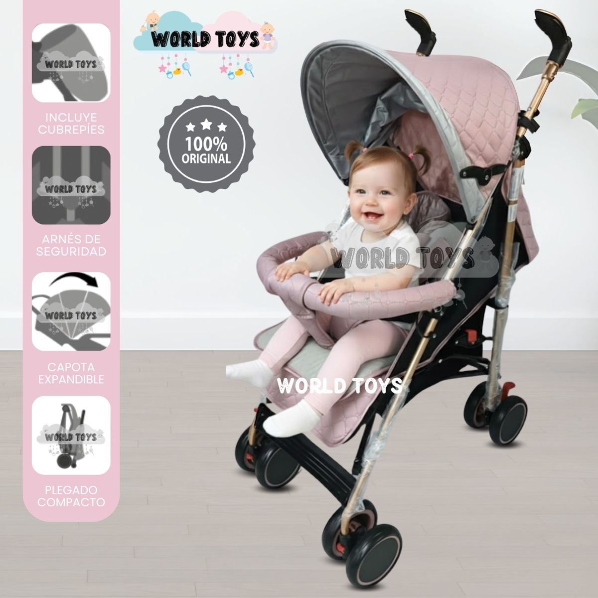 BABY - Coche Bastón con Manillar Giratorio «ISABEL GOLD» Pink