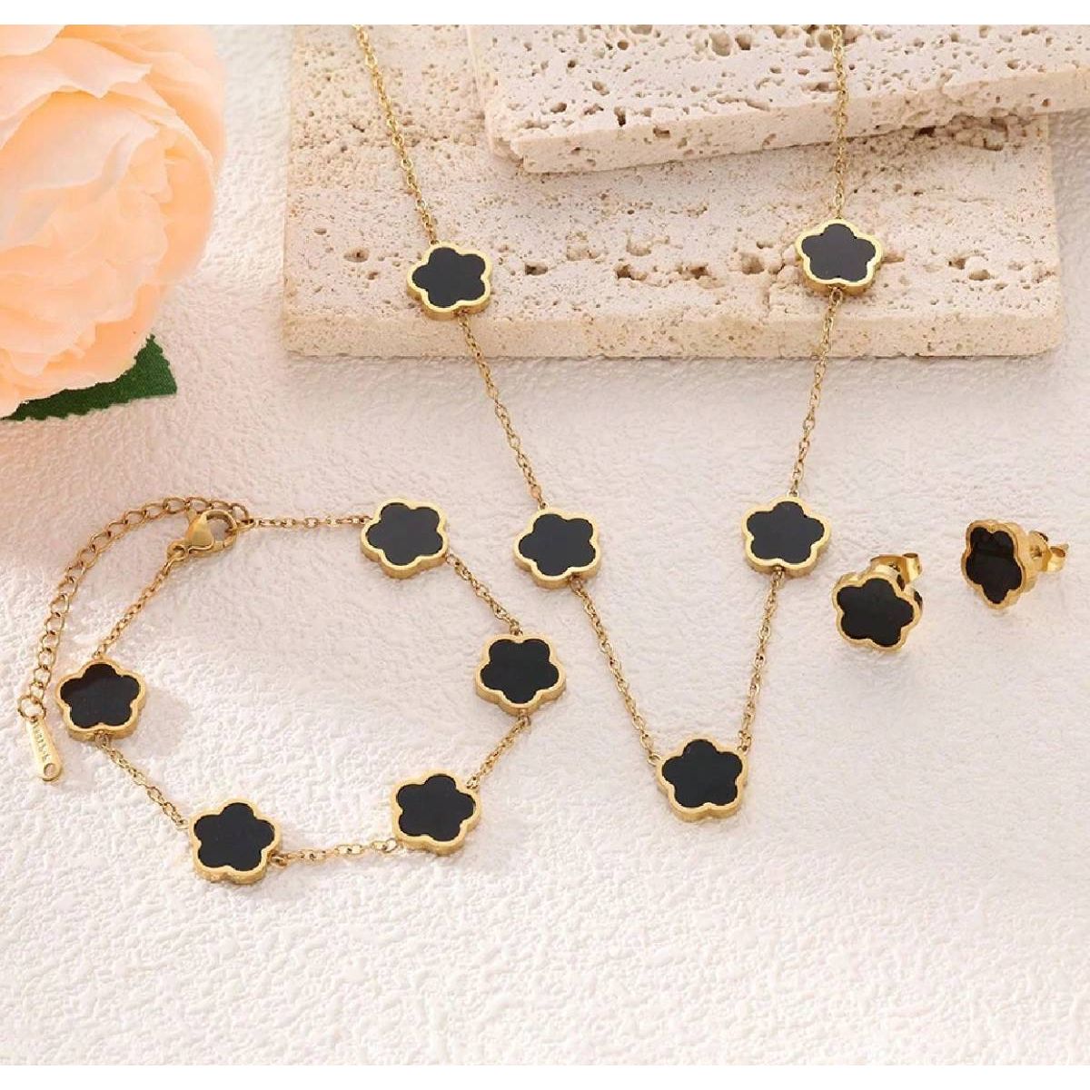 NO LOGO - Set Collar Aretes Y Pulsera Trebol Diseño De Lujo Acero