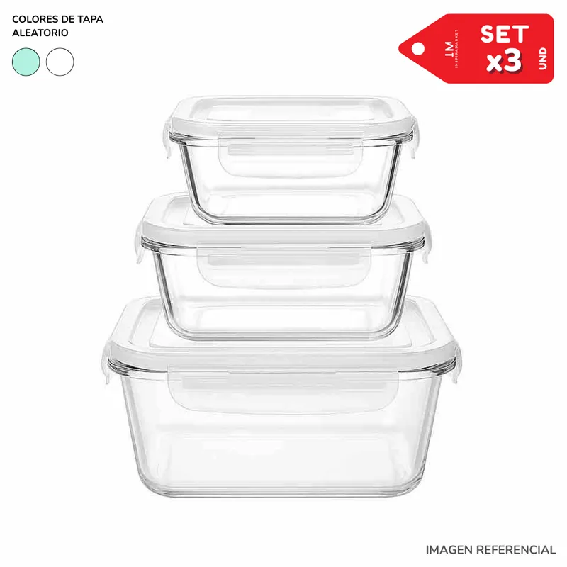 INSPIRA MARKET - Set x3 Táperes de Vidrio con tapa plástica hermética Cuadrada