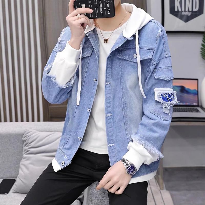 GENERICO - Casacas jean con capucha juvenil para hombres