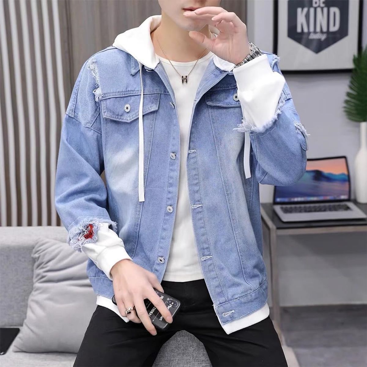 GENERICO - Casacas jean con capucha juvenil para hombres