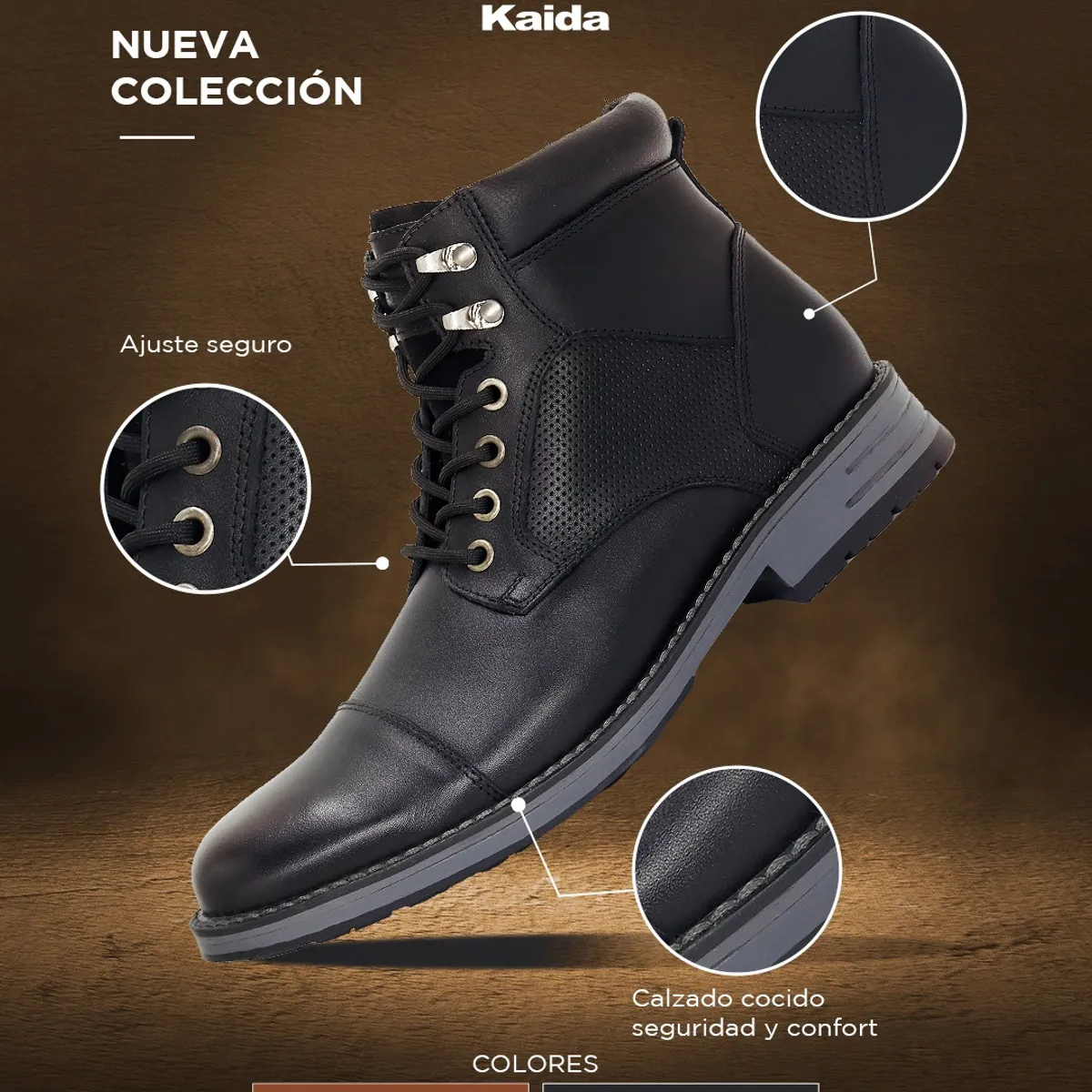 KAIDA - Botines de cuero para caballero CLQ3-BF-16 Negro
