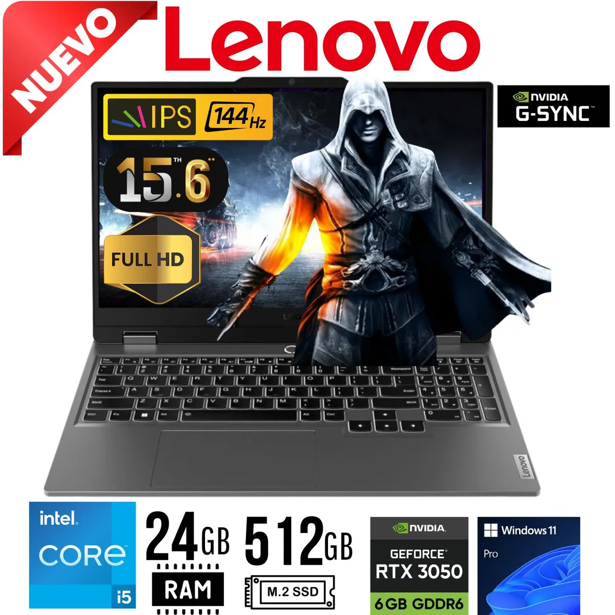 LENOVO - Laptop Lenovo  LOQ 15IAX9 Intel Core i5 12450HX Ram24Gb SSD 512Gb RTX 3050 6Gb 15,6 FHD Win 11