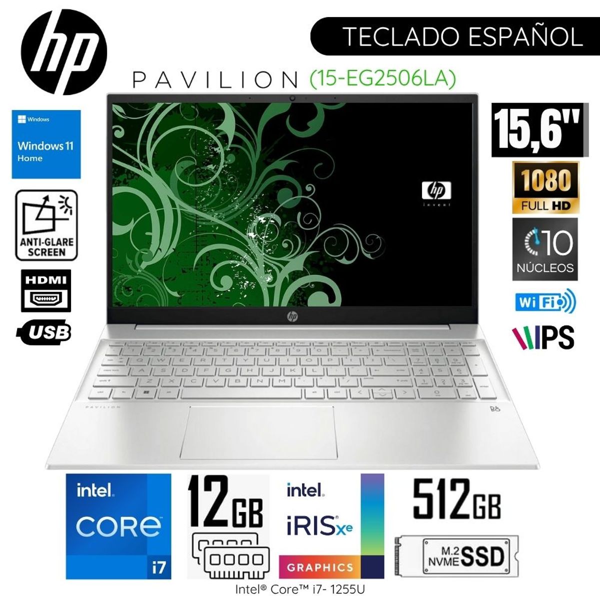 HP - Laptop HP Pavilion 15-EG2506LA Intel Core i7-1255U 12GB RAM 512GB SSD 15.6"  FHD Plateado