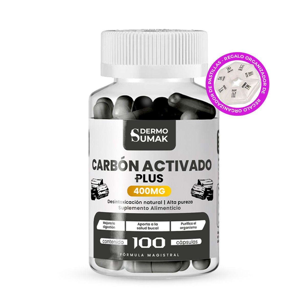 GENERICO - CARBON ACTIVADO PLUS 400MG DERMO SUMAK + REGALO PASTILLERO