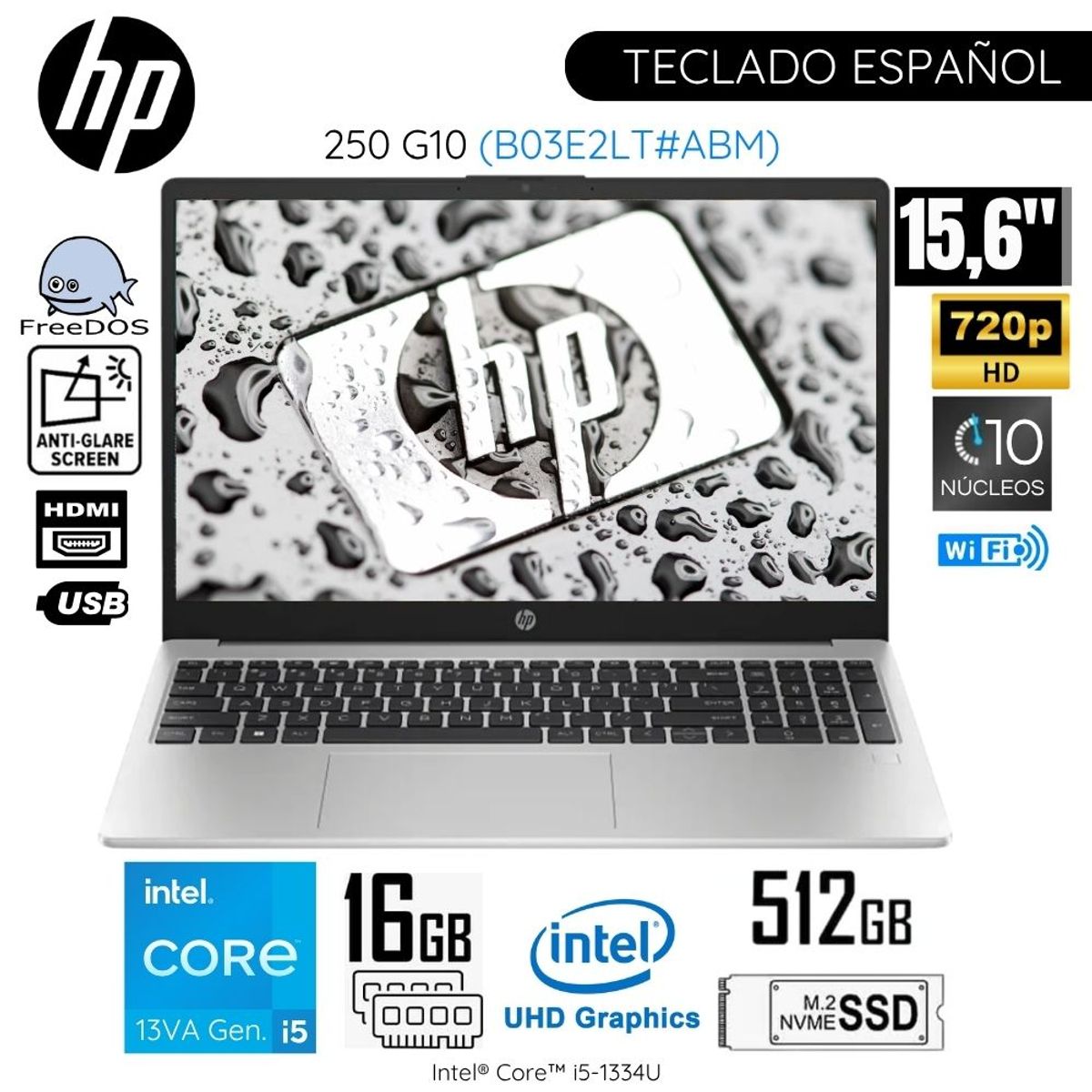 HP - Laptop HP 250 G10 Intel Core i5-1334U 16GB RAM 512GB SSD 15.6"  HD Free Dos - B03E2LT