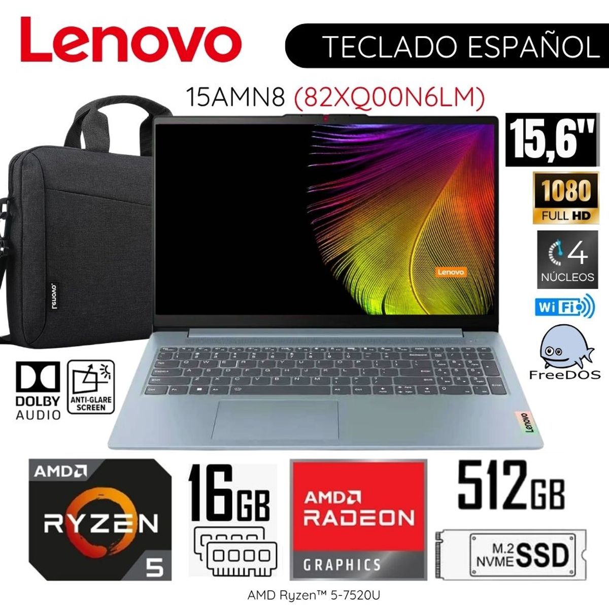 LENOVO - Laptop Lenovo IdeaPad Slim 3 AMD Ryzen 5 7520U 16GB RAM 512GB SSD 15.6"  FHD 82XQ00N6LM + Maletín