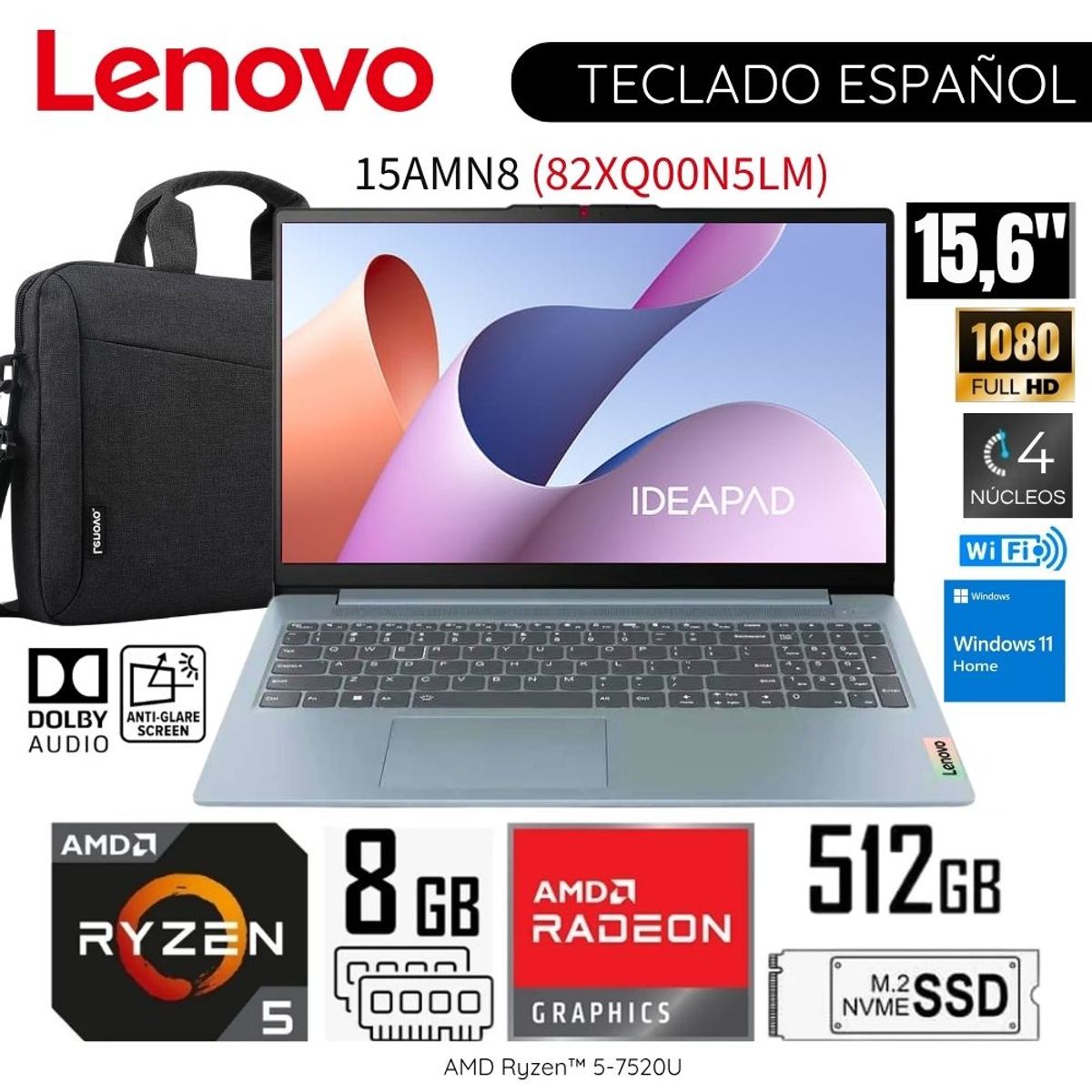 LENOVO - Laptop Lenovo Ideapad Slim 3 AMD Ryzen 5-7520U 8GB RAM 512GB SSD 15.6"  FHD 82XQ00N5LM + Maletín