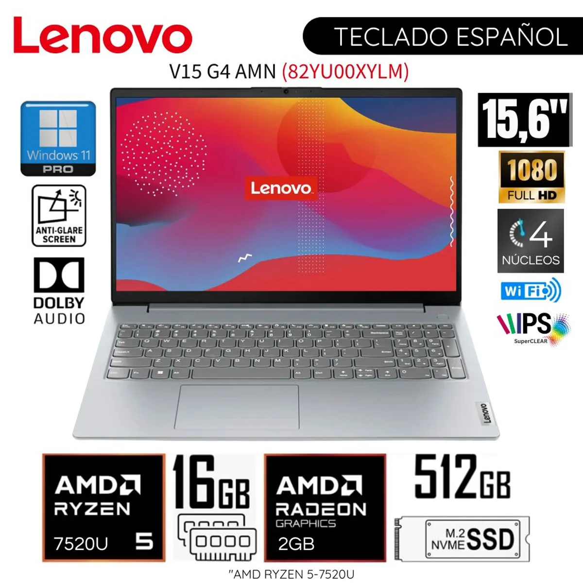 LENOVO - Laptop Lenovo V15 G4 AMN AMD Ryzen 5 7520U 16GB RAM 512GB SSD 15.6" FHD -  82YU00XYLM