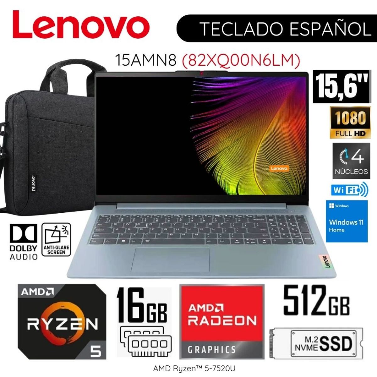 LENOVO - Laptop Lenovo IdeaPad Slim 3 AMD Ryzen 5 7520U 16GB RAM 512GB SSD 15.6"  FHD 82XQ00N6LM + Maletín