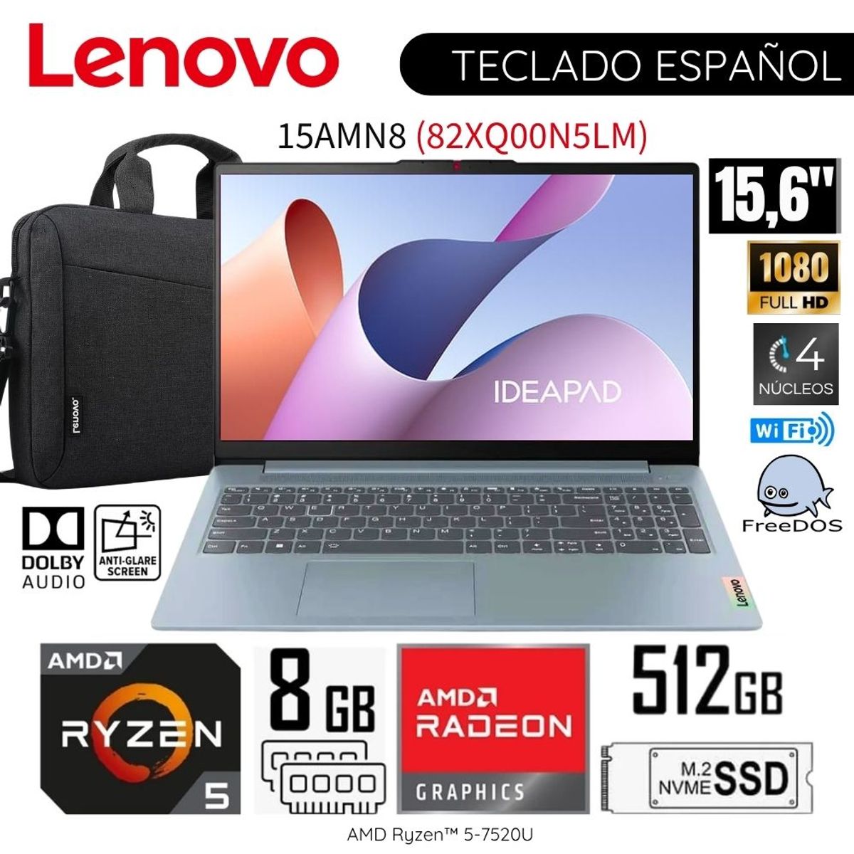 LENOVO - Laptop Lenovo Ideapad Slim 3 AMD Ryzen 5-7520U 8GB RAM 512GB SSD 15.6"  FHD 82XQ00N5LM + Maletín