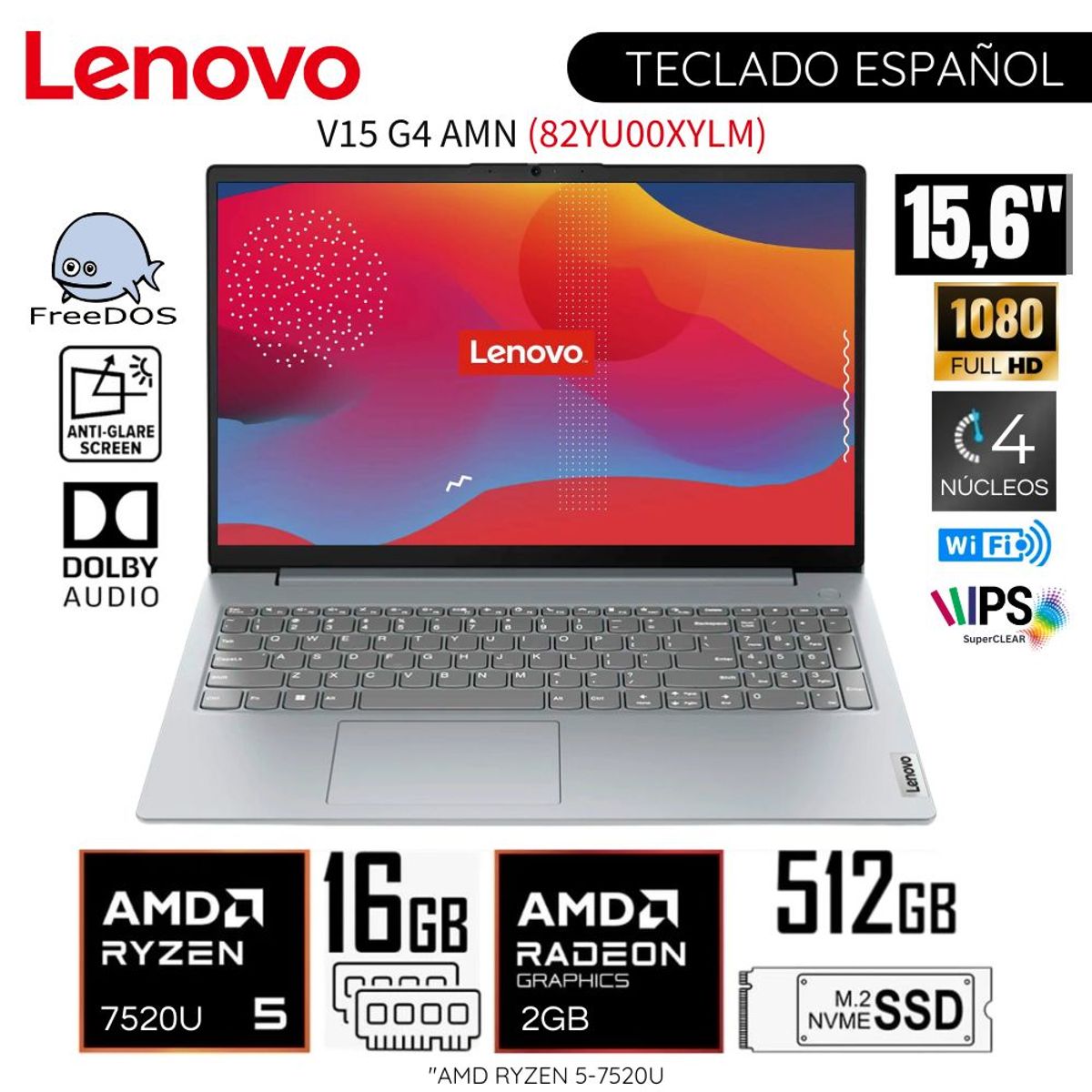 LENOVO - Laptop Lenovo V15 G4 AMN AMD Ryzen 5 7520U 16GB RAM 512GB SSD 15.6" FHD -  82YU00XYLM