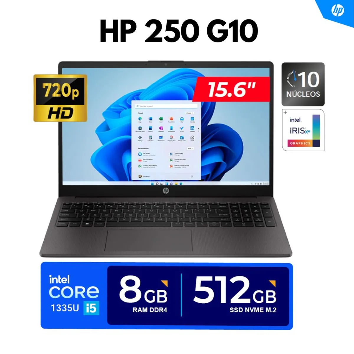 HP - LAPTOP HP 250 G10 / 15.6" HD LED / Core i5-1335U, 4.60GHz, 10 Núcleos / 8GB DDR4, 512GB SSD