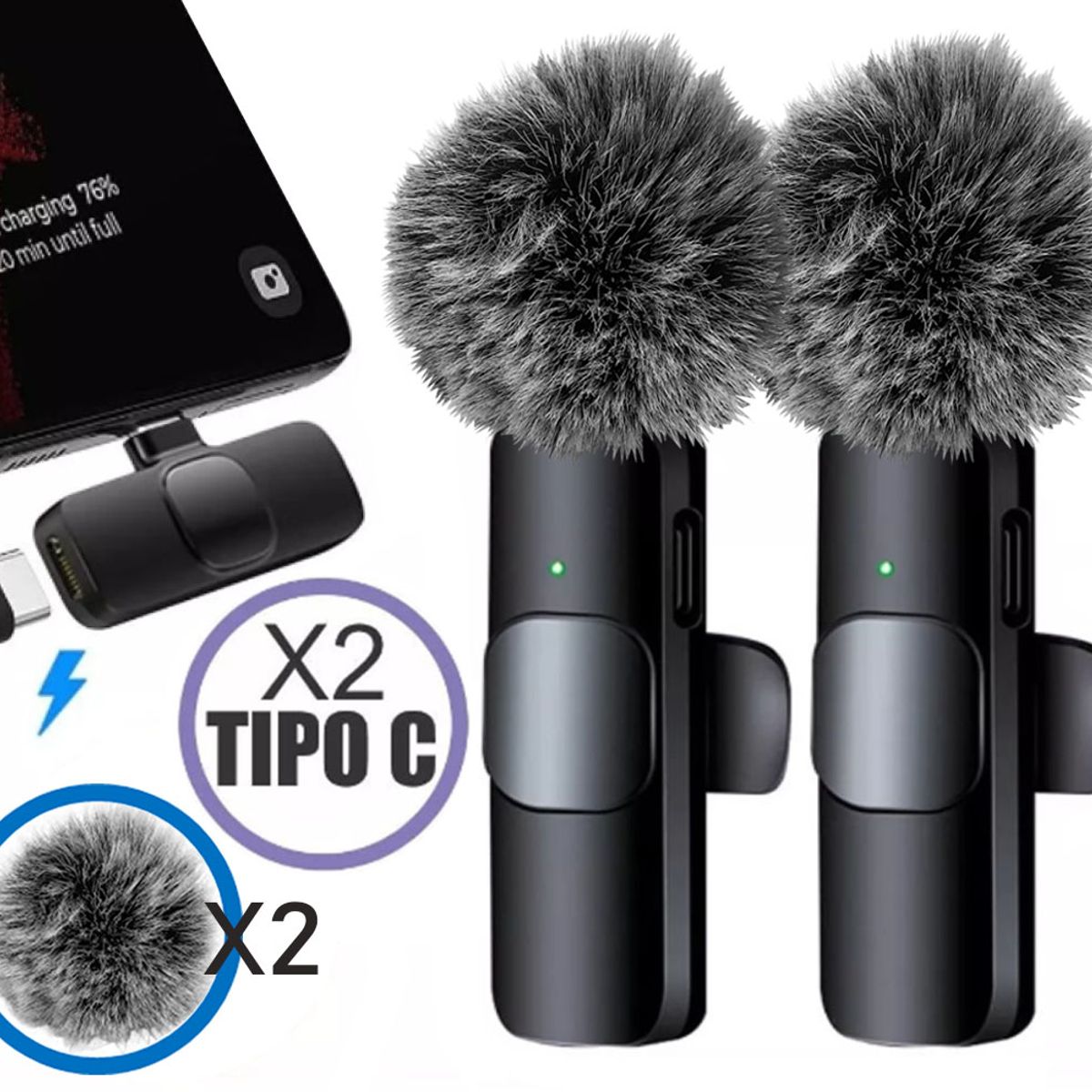 OEM - Micrófonos Inalámbricos 2 en 1 K9 Tipo C con filtros de peluche