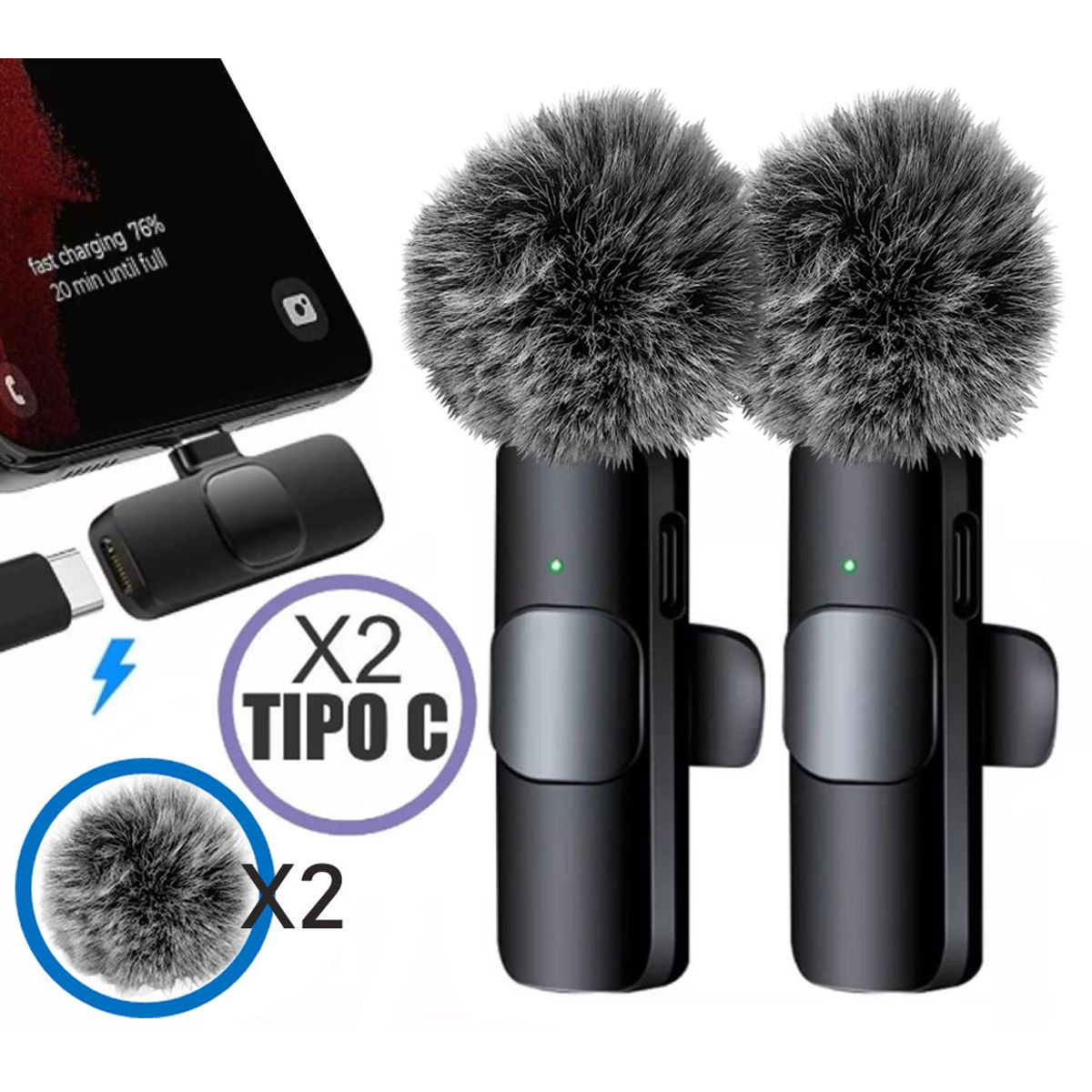 OEM - Micrófonos Inalámbricos 2 en 1 K9 Tipo C con filtros de peluche