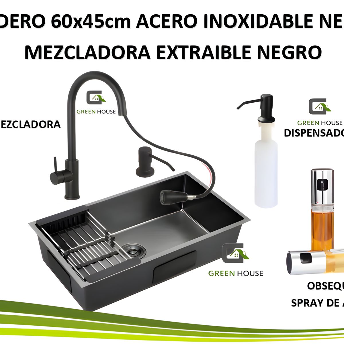 GREEN HOUSE - COMBO LAVADERO ACERO  60X45X23CM NEGRO + MEZCLADORA EXTRAIBLE NEGRO