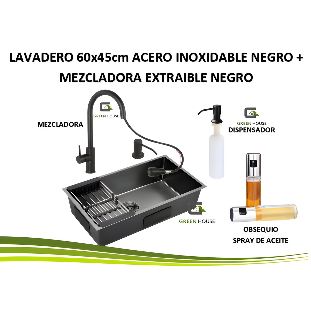 GREEN HOUSE - COMBO LAVADERO ACERO  60X45X23CM NEGRO + MEZCLADORA EXTRAIBLE NEGRO