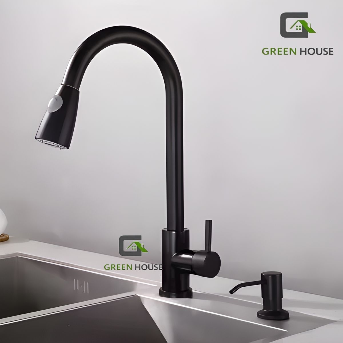 GREEN HOUSE - COMBO LAVADERO ACERO  60X45X23CM NEGRO + MEZCLADORA EXTRAIBLE NEGRO