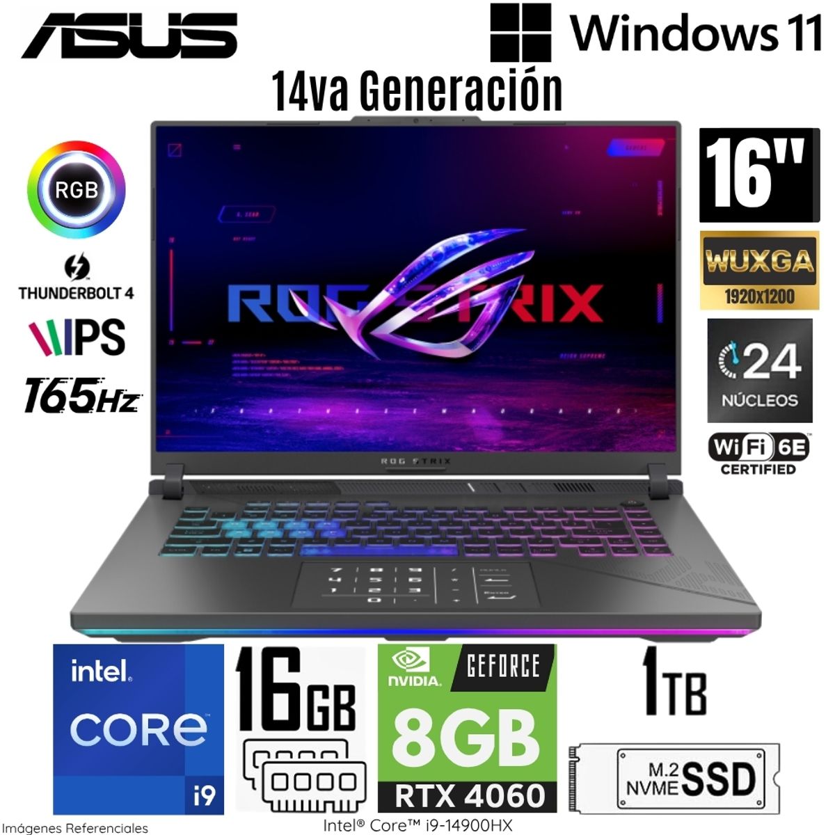 ASUS - Laptop Asus ROG STRIX G614JVR-N3063W Intel Core i9-14900HX 16GB RAM 1TB SSD RTX 4060-8GB 16"  WUXGA