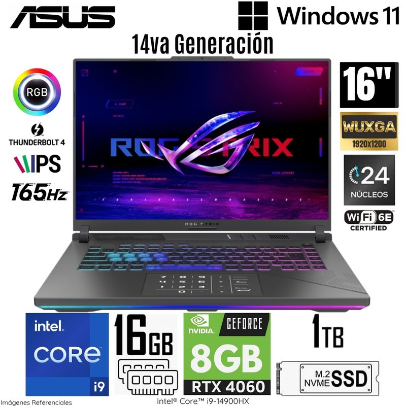 ASUS - Laptop Asus ROG STRIX G614JVR-N3063W Intel Core i9-14900HX 16GB RAM 1TB SSD RTX 4060-8GB 16"  WUXGA