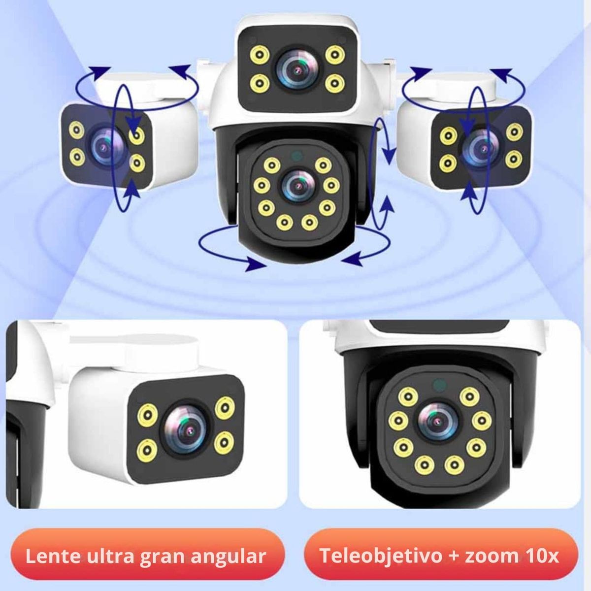 OEM - Cámara WiFi PTZ Triple Lente 360°  Visión Total con Alarma y Sirena Exterior