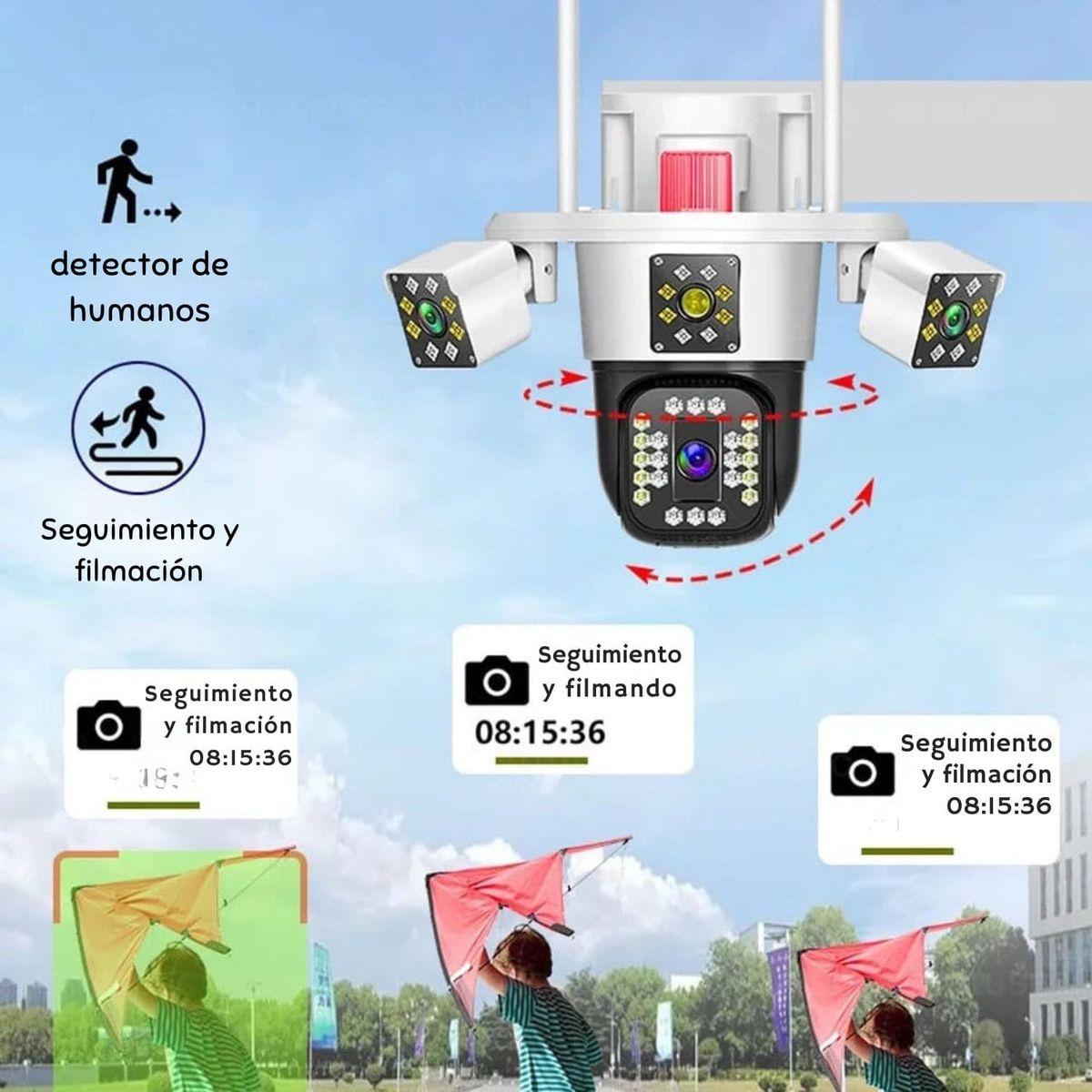 OEM - Cámara de Seguridad PTZ 360°  Triple Lente WiFi con Alarma Inteligente y Sirena