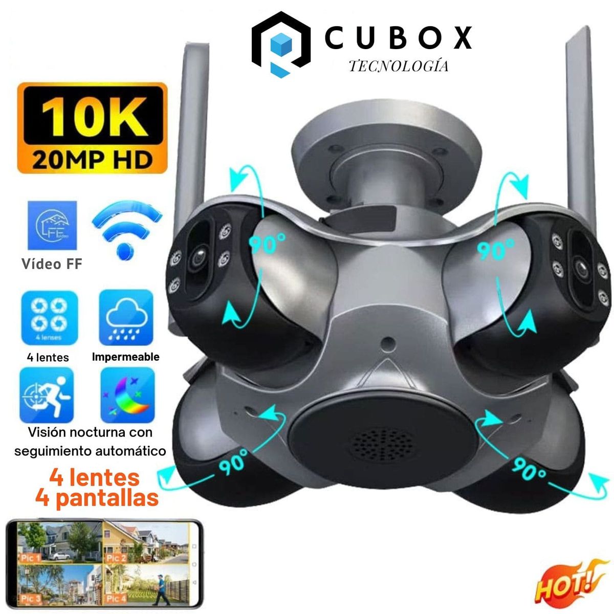 OEM - Cámara Wifi 360° IP 66 con 4 lentes - FHD con alarma + sirena