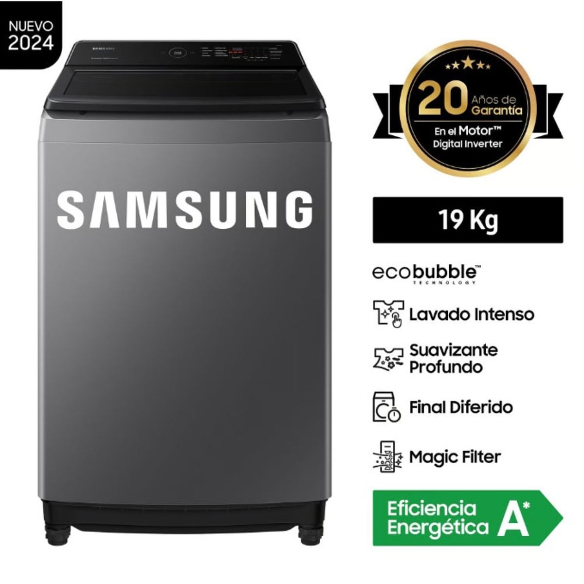 SAMSUNG - LAVADORA SAMSUNG ECOBUBBLE 19 KG CARGA SUPERIOR GRIS - WA19CG6441BDPE