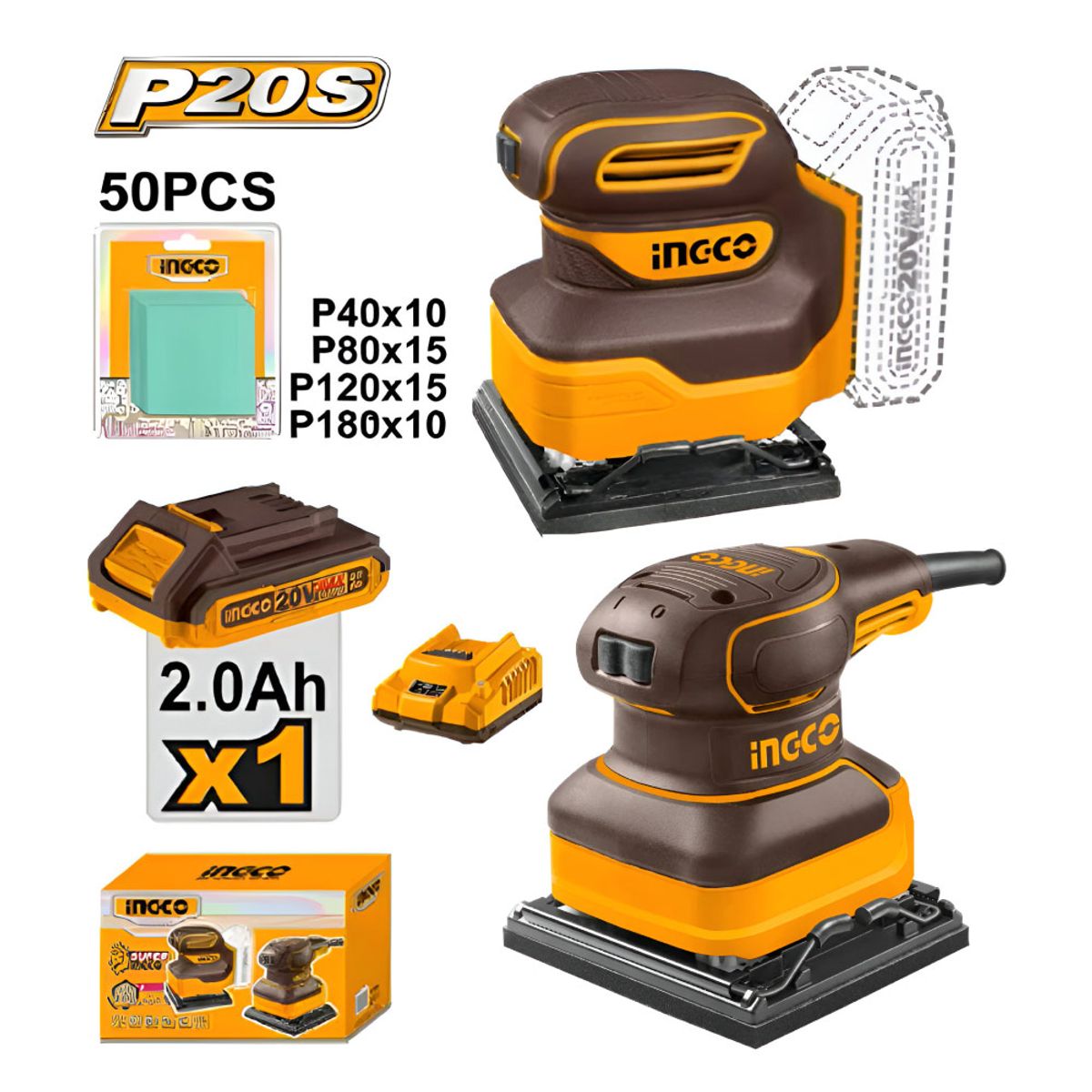 INGCO TOOLS - KIT LIJADORA ORBITAL INGCO 20V + LIJADORA ORBITAL 240W COSLI240582