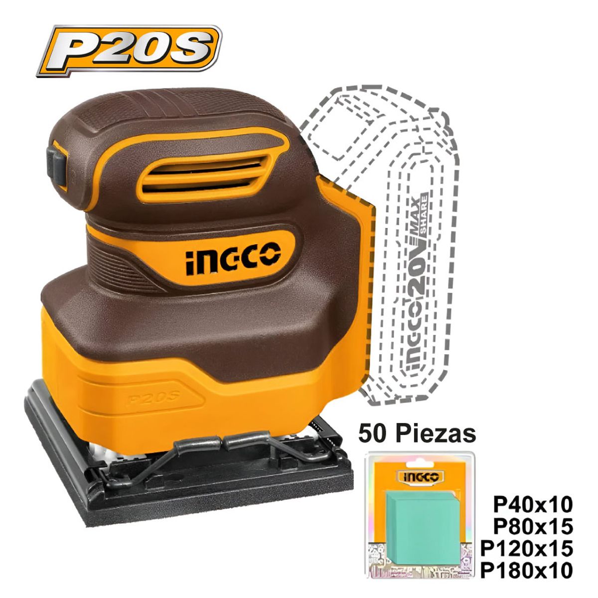 INGCO TOOLS - KIT LIJADORA ORBITAL INGCO 20V + LIJADORA ORBITAL 240W COSLI240582