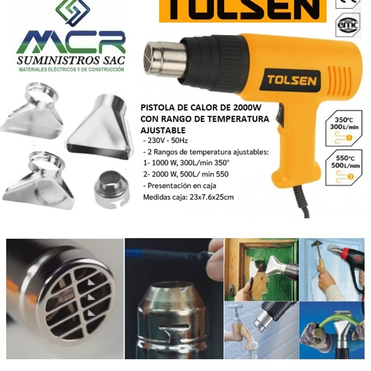 TOLSEN - PISTOLA DE CALOR DE 2000W 230V CON TEMPERATURA AJUSTABLE TOLSEN