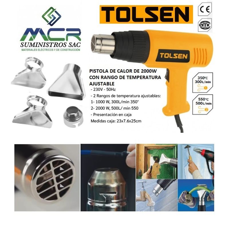 TOLSEN - PISTOLA DE CALOR DE 2000W 230V CON TEMPERATURA AJUSTABLE TOLSEN