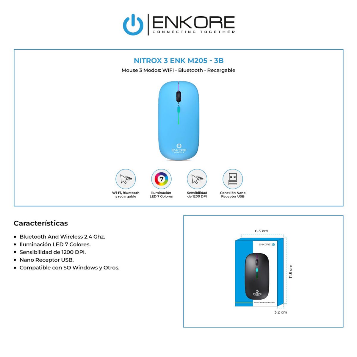 ENKORE - Mouse Inalámbrico 3 en 1 Enkore Nitrox 3 ENK-M205-3B Turqueza