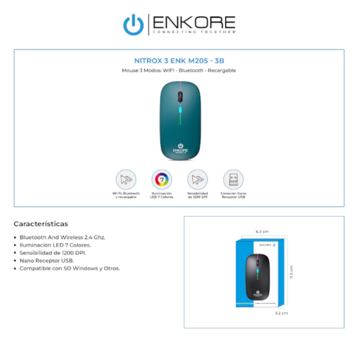 ENKORE - Mouse Inalámbrico 3 en 1 Enkore Nitrox 3 ENK-M205-3B Verde