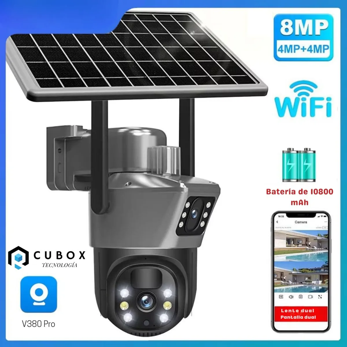 OEM - Cámara de Seguridad 4K PTZ WiFi Doble Lente Giro 360° Sirena y Panel Solar