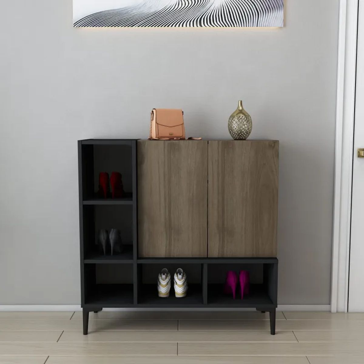 STARHOME - Recibidor Zapatera Prisma Negro con Puertas