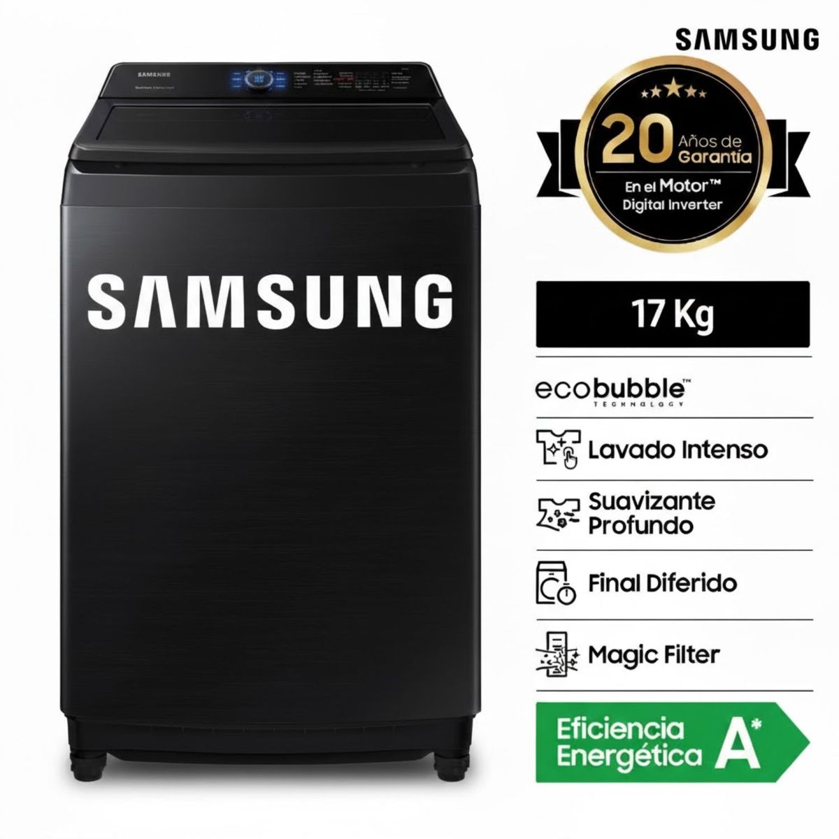 SAMSUNG - Lavadora Samsung 17Kg EcoBubble Carga Superior WA17CG6441BVPE Negro