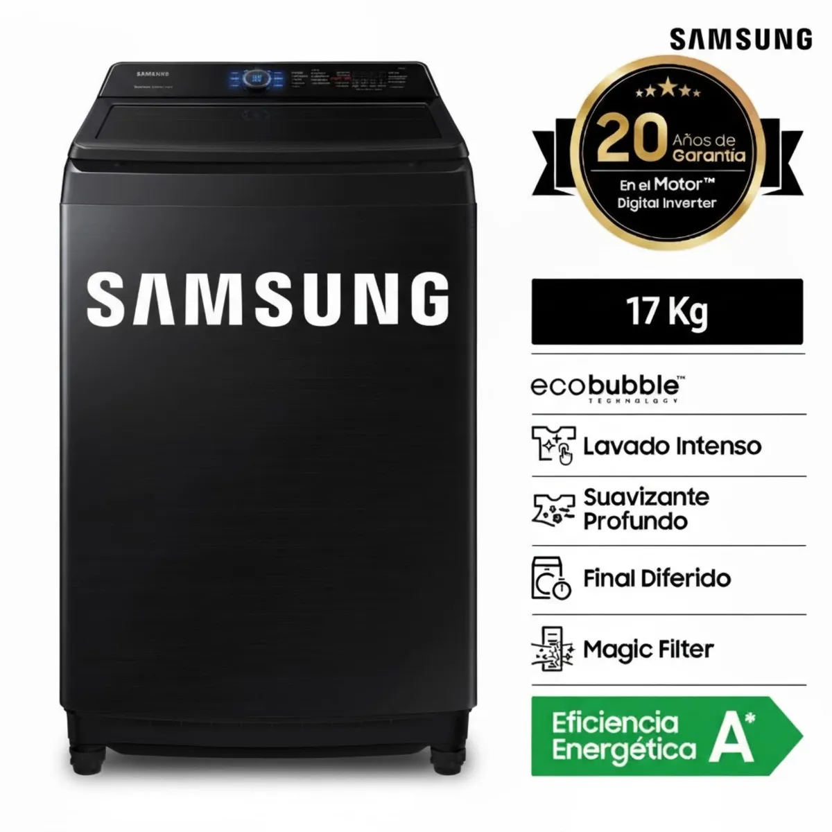SAMSUNG - Lavadora Samsung 17Kg EcoBubble Carga Superior WA17CG6441BVPE Negro