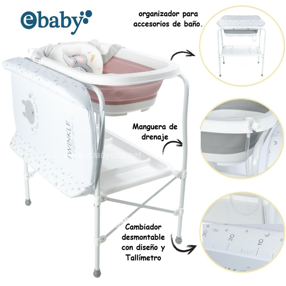 EBABY - BAÑERA CAMBIADOR CON DRERNAJE+COJIN  BLUR -ROSADO