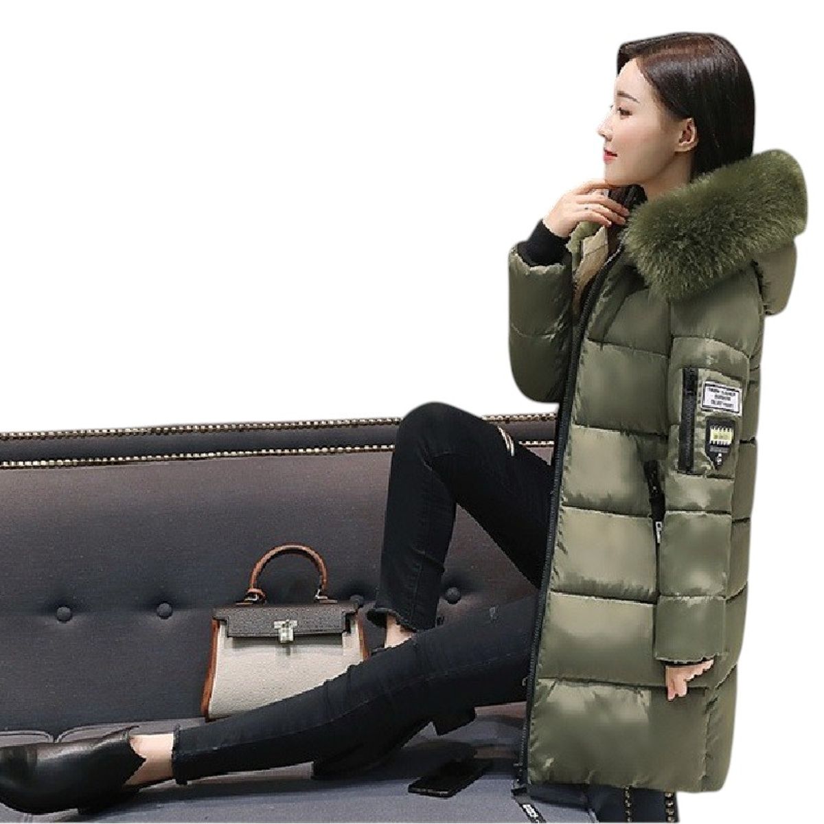 GENERICO - Casaca larga acolchada con capucha para mujer