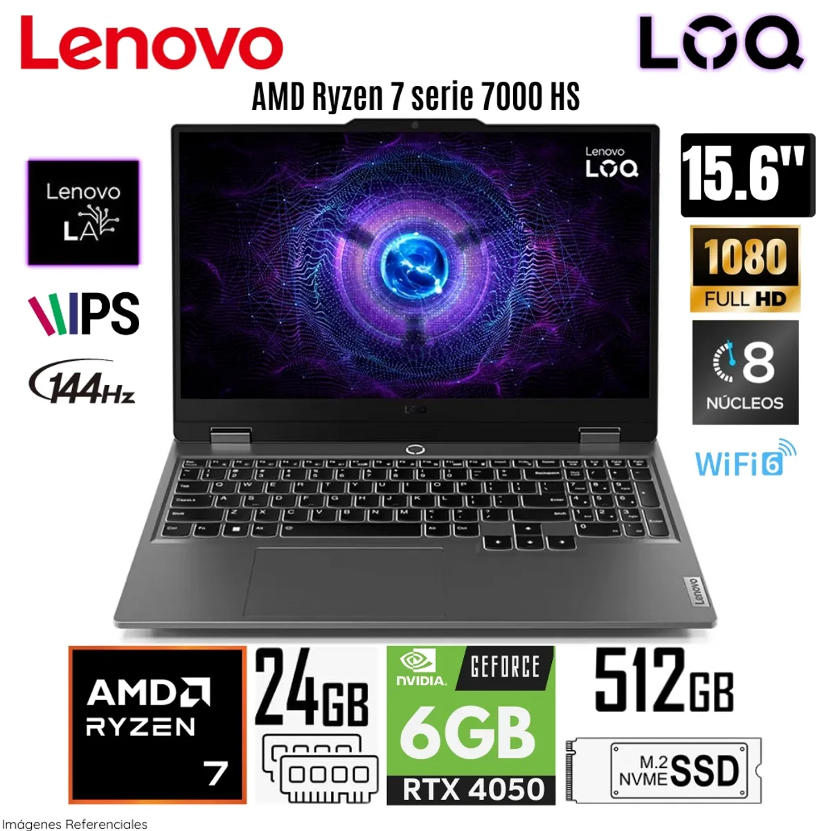 LENOVO - Laptop Lenovo LOQ 15ARP9 AMD Ryzen 7-7435HS 24GB RAM 512GB SSD 15.6 FHD RTX4050-6GB - 83JC008GLM